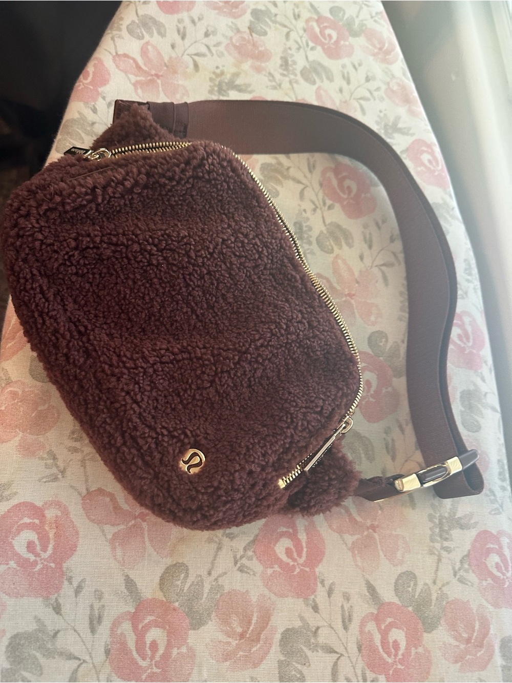 lululemon athletica Brown Sherpa Crossbody Waist Bag with Gold Hardware